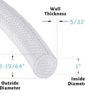 Clear braided PVC tubing, 1-inch inner diameter with 5/32-inch wall thickness; end cross-section view.