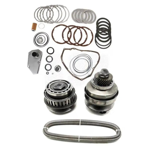 Nissan JF015E RE0F11A Transmission Master Rebuild Kit With Pulley And Belt 30 Teeth 30T 29T Set For Easy DIY Install Heavy Duty Gear Belt Upgrade For Nissan Transmissions, rebuild parts laid out