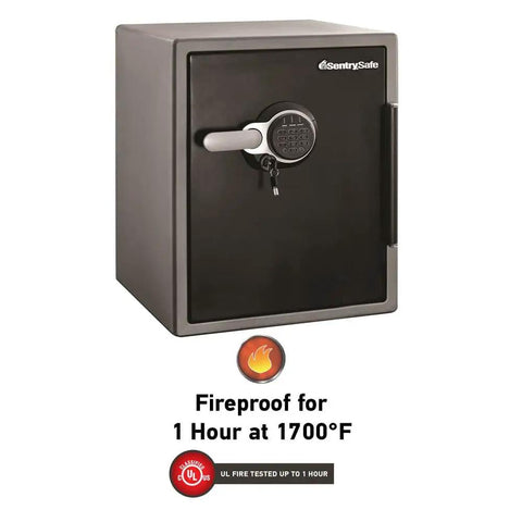 Fireproof And Waterproof Safe With Dial Combination, 2.05 Cu Ft Heavy Duty Safe for Docs Valuables USBs And Media, front view.