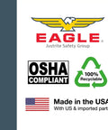 Eagle logo with OSHA compliant and made in the USA labels, emphasizing safety and eco-friendliness aspects.