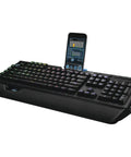 Slick Black RGB Mechanical Gaming Keyboard Featuring Prograde RomerG Switches For Lightning Fast Actuation with mobile device stand.