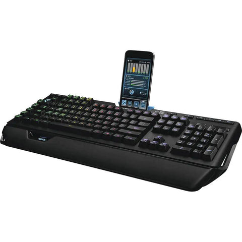 Slick Black RGB Mechanical Gaming Keyboard Featuring Prograde RomerG Switches For Lightning Fast Actuation with mobile device stand.