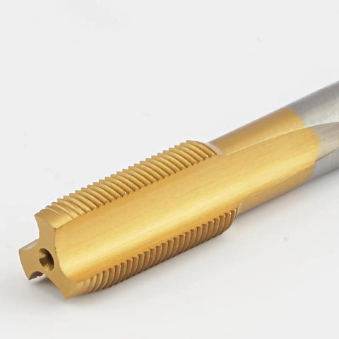 Close-up of M10 X 1.5 HSS Ti-Coated Straight Flute Thread Tap Right Hand Pro Grade Tool for Precision Threads on white background