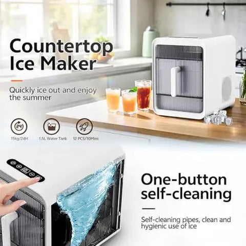 Compact Nugget Ice Maker Countertop Ice Machine With Self Cleaning Build And Smooth Pull Out Tray Yields Twelve Cubes Per Ten Minutes Rapid Chill Technology For Home Bar Kitchen Rv Apartment Or Desk Setup The Real Deal displayed with water tank and self-cleaning feature.