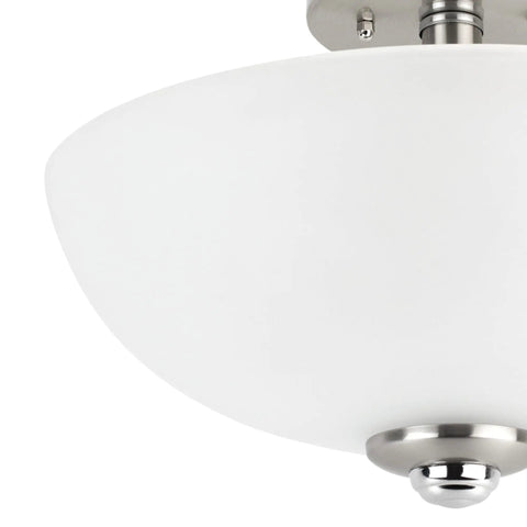 13 Inch Two Light Semi Flush Mount Ceiling Light In Brushed Nickel With Chrome Accents And Frosted Glass Shade Delivers A Warm Diffused Glow