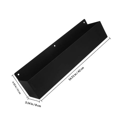 Wall Mount Spray Can Holder And Tool Rack Heavy Duty Metal Storage Shelf with measurements, made from black iron.