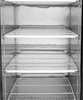 White Three Door Upright Freezer With Clear Glass Panels And Straight Up Solid Cooling That Keeps Your Groceries Perfectly Frozen Works Like A Charm In Homes Or Retail Stores interior view showing stainless steel shelving.