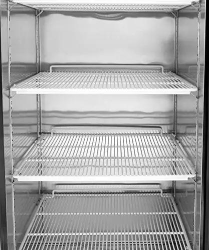 White Three Door Upright Freezer With Clear Glass Panels And Straight Up Solid Cooling That Keeps Your Groceries Perfectly Frozen Works Like A Charm In Homes Or Retail Stores interior view showing stainless steel shelving.
