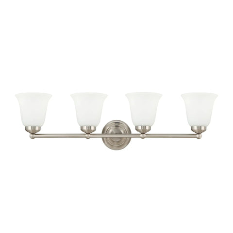 Four Light Bathroom Vanity Light With Satin Nickel Finish And Frosted Glass Shades, 30.5 Inch Wide, 6 Inch High, 8.25 Inch Deep, White Inside Glass