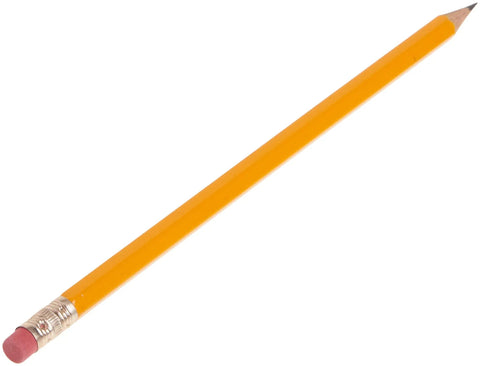 Heavy Hitter Yellow Number Two Pencils Presharpened For Butter Smooth Writing Commercial Grade Woodcase view of pencil with eraser.