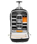 Interior view of Pro Trekker RLX 450 AW II 28L Camera Roller Backpack with adjustable compartments for DSLR bodies and lenses.