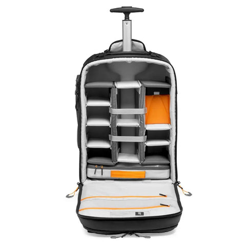 Interior view of Pro Trekker RLX 450 AW II 28L Camera Roller Backpack with adjustable compartments for DSLR bodies and lenses.