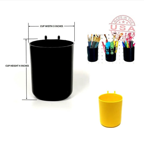 Pegboard Bins And Cups Set With Fifteen Five Inch Bins And Five Inch Cups For Garage And Workshop Organization On Standard Pegboard Panels Heavy Duty Tool Organizer Made In USA, shown with black and yellow cups for tools.