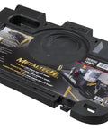 Zero Hassle Heavy Duty Baker Tool Tray For Active Job Sites With Six Foot Tool Deck Space And Quick Rung Mount Setup In Tough Black, black steel tray top view.