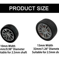 Image showing product sizes of 12 Pcs RC Car Tire Wheel Kit With Rubber Wheels And Premium Round Rod Shafts For RC Cars Trucks Robots Boats And Helicopters DIY Model Building Style Two, featuring 10mm width, 25mm diameter and 13mm width, 32mm diameter wheels, compatible with 2.5mm shafts.