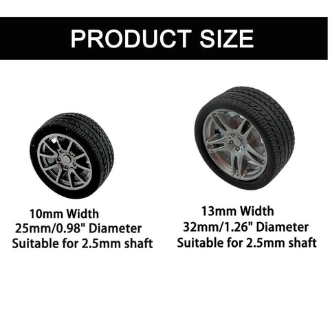Image showing product sizes of 12 Pcs RC Car Tire Wheel Kit With Rubber Wheels And Premium Round Rod Shafts For RC Cars Trucks Robots Boats And Helicopters DIY Model Building Style Two, featuring 10mm width, 25mm diameter and 13mm width, 32mm diameter wheels, compatible with 2.5mm shafts.
