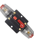 100A Auto Audio Inline Circuit Breaker With Manual Reset For 12V 24V DC Systems Protect Car Stereo And Marine Boat Audio From Overload And Short Circuit Ideal For Amps And Power Inverters. black inline circuit breaker with red manual reset and clear covers