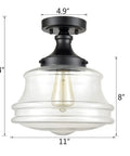 Industrial Black Semi Flush Mount Ceiling Light with Clear Glass Fixture 11 Inch Schoolhouse Style dimensions shown