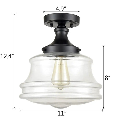 Industrial Black Semi Flush Mount Ceiling Light with Clear Glass Fixture 11 Inch Schoolhouse Style dimensions shown