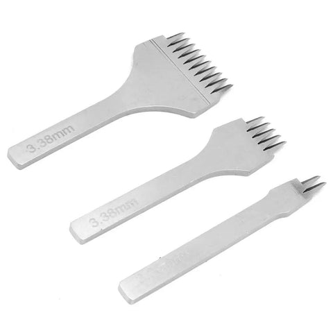 Pro Grade Leather Pricking Iron Set French Style Stitching Chisel Hole Punch Kit with 3.38mm bits, three iron tools visible