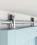 6.6Ft Top Mount Stainless Steel Barn Door Hardware Track Kit For 36 To 40 Inch Wide Single Door Heavy Duty Anti Rust Super Smooth Quiet Glide No Frills Install Includes Track Rollers Spacers Stoppers Floor Guide And Wrench installed on blue door