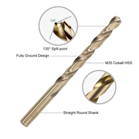 Close-up of M35 cobalt drill bit showing 135° split point, from 21 Piece Cobalt Drill Bits Set Pro Grade M35 HSS 135 Degree Split Point Jobber Length For Hardened Metal Cast Iron Stainless Steel Plastic And Wood With Metal Indexed Storage Case 1 Sixteenth To 3 Eighths Inch