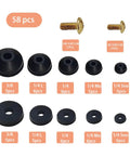 Faucet Washers Assortment Kit With Flat And Beveled Rubber Washers, Brass Bibb Screws, And Multi Size Stem Washers For Outdoor Faucets, Comprehensive Repair Kit To Stop Leaks And Replacements, showing all 58 pieces with dimensions.