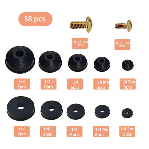 Faucet Washers Assortment Kit With Flat And Beveled Rubber Washers, Brass Bibb Screws, And Multi Size Stem Washers For Outdoor Faucets, Comprehensive Repair Kit To Stop Leaks And Replacements, showing all 58 pieces with dimensions.