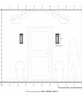 Illustration of Hopewell Black 1 Light Outdoor Wall Lantern with Transitional Design next to door, showing size and placement.