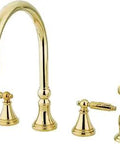 Georgian Widespread Kitchen Faucet With Two Handles And Brass Sprayer Polished Brass Finish Eight And A Quarter Inch Spout Reach 1.8 GPM Flow At Eighty PSI Durable Brass Construction With A Quarter Turn Ceramic Cartridge Easy Install
