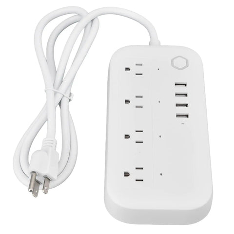 Smart Power Strip Featuring Voice Control And Four Usb Ports Tuya App Integration with cord and multiple sockets.