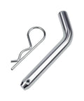 Heavy Duty Trailer Hitch Pin And Clip With Grooved Head, Five Eighths Inch Diameter, Angled One Hundred Five Degrees, Fits Two Inch And Two And A Half Inch Receiver Hitches, Rock Solid Latch For Easy Installation, against white background.