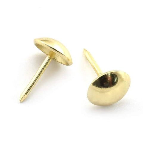 Top Shelf Gold Mushroom Upholstery Tacks For Furniture Nails And Diy Craft Projects Hella Smooth Polish With Rock Solid Iron Build Badass Accent Details 100 Piece Sweet Vibe Set, showing two gold metal upholstery nails.
