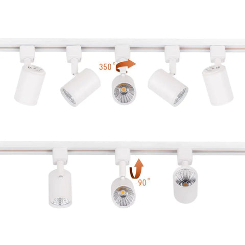 J Type Track Lighting Heads 6 Pack, 6.5W COB LED Ceiling Spotlights, 24 Degree Beam, 3000K Warm White shown with adjustment angles