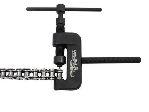 Motorcycle Chain Breaker And Riveting Tool Kit in use, heavy-duty steel design for CAM and drive chains, pro grade quality visible