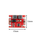 Front view of Ten Pack DC To DC Buck Boost Power Supply Module With Input From Two Point Five To Fifteen Volts And Output Of Three Point Three Volts Up To Six Hundred Milliamps Automatic Step Up Down Board For Electronics Projects. Size 17x13mm.