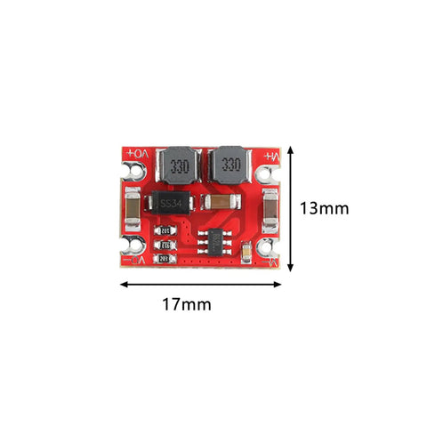 Front view of Ten Pack DC To DC Buck Boost Power Supply Module With Input From Two Point Five To Fifteen Volts And Output Of Three Point Three Volts Up To Six Hundred Milliamps Automatic Step Up Down Board For Electronics Projects. Size 17x13mm.