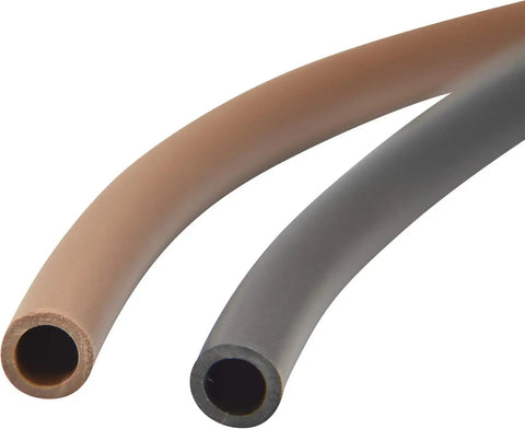 Close-up of two tubes, featuring 1/4 Inch Drip Irrigation Supply Tubing, 50 Foot, Vinyl Brown, for Drip Emitters and Drippers.