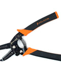 All In One Wire Stripper Bundle For 22-10 And 30-20 AWG With Ergonomic 22 Degree Handle Angle Spring Loaded Open Non Scoring Strip Smooth Wire Cutting Built In Screw Cutter And Wire Loops Durable Orange Color visible with black and orange ergonomic handles.