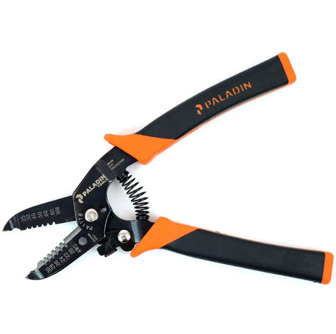 All In One Wire Stripper Bundle For 22-10 And 30-20 AWG With Ergonomic 22 Degree Handle Angle Spring Loaded Open Non Scoring Strip Smooth Wire Cutting Built In Screw Cutter And Wire Loops Durable Orange Color visible with black and orange ergonomic handles.