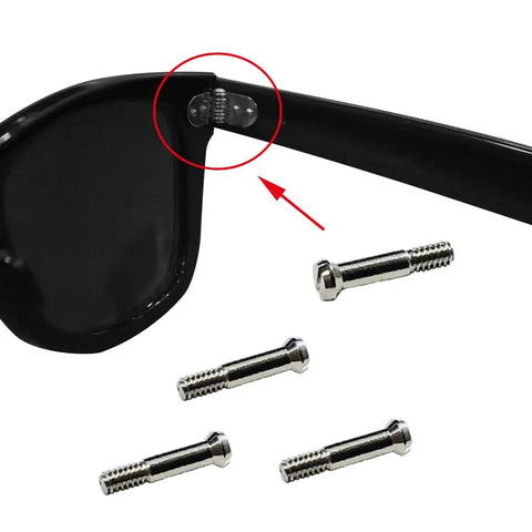 Top Notch Replacement Temple Screws For Wayfarer RB2140 Sunglasses with silver hinge pins and loose hinge repair focus.