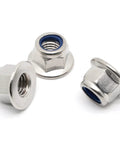 M6 1.0 Nylon Insert Flange Lock Nuts Stainless Steel 304 DIN 6926 Bright Finish 25 Pack shown in close-up