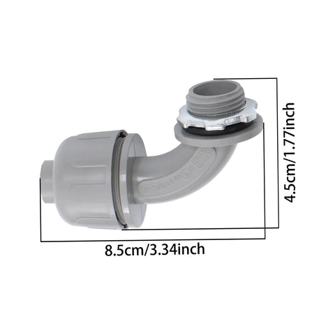 Hella Tough 1/2 Inch NPT 90 Degree RMC Conduit Connectors Bulk 60 Pack Steel Insert gray conduit connector with measurements.