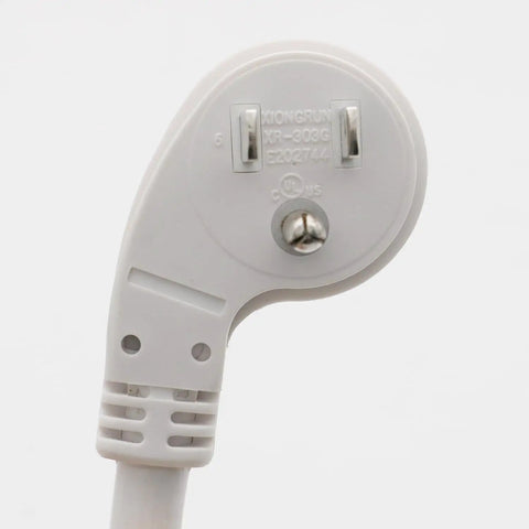 1875W 15A Flat Plug Extension Cord 6 Feet 14 AWG White Pack Of 2 Workhorse Cords angled flat plug close-up back view