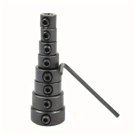 Adjustable Drill Depth Stop Collars Precision Guide Rings With Wrench for Consistent Hole Depths and DIY Projects Absolute Must Haves For Any Weekend Warrior Black stacked with hex wrench.
