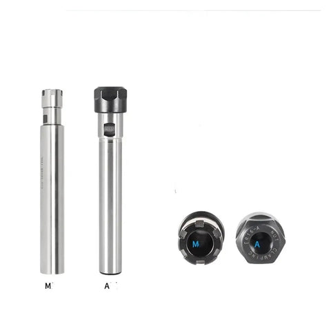 Solid ER Extension Rod Collet Chuck For CNC Milling And Lathe Tools To Keep High Speed Rotation Smooth, Cut Less Vibration, Boost Surface Finish And Handle Heavy Loads Without Fail. Two metal chucks with visible labels.