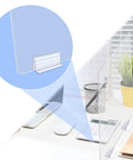 Six Pack Heavy Duty Self Adhesive Sneeze Guard Holders With Secure Locking Design For Quarter Inch Clear Acrylic Sheets on desk.
