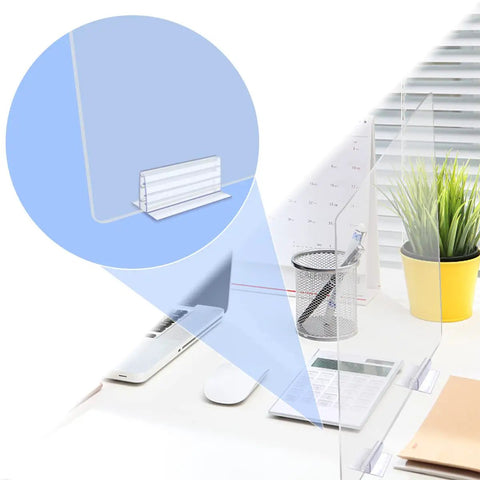 Six Pack Heavy Duty Self Adhesive Sneeze Guard Holders With Secure Locking Design For Quarter Inch Clear Acrylic Sheets on desk.
