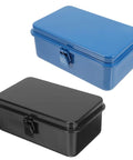 Darn Tough Steel Toolbox With Lock For Trunk Storage. Two portable iron cases, blue and black, for secure tool organization.