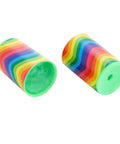Two rainbow-patterned mini kaleidoscopes on display, part of Prism Mini Kaleidoscopes For Kids 48 Pack With Six Designs Blue Party Favors.